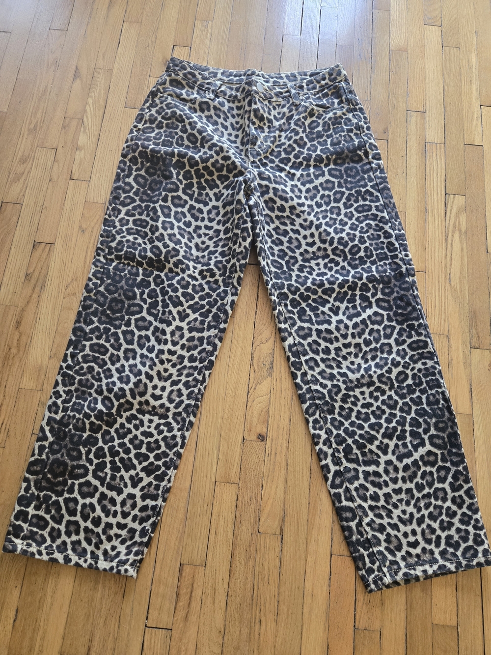 Leopard Print Straight-Leg Jeans in Beige and Black